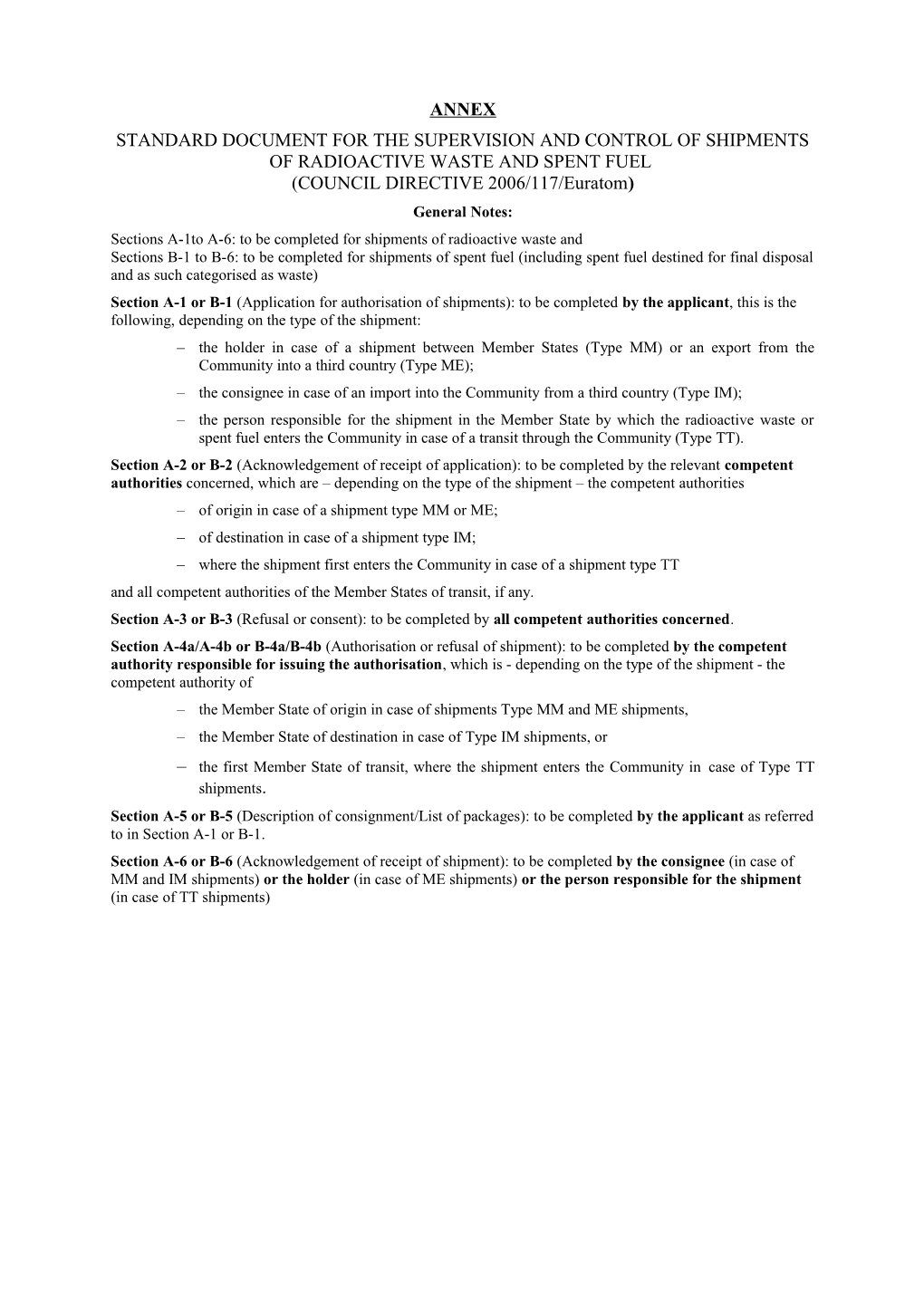 Standard Document for the Supervision and Control of Shipments of Radioactive Waste And