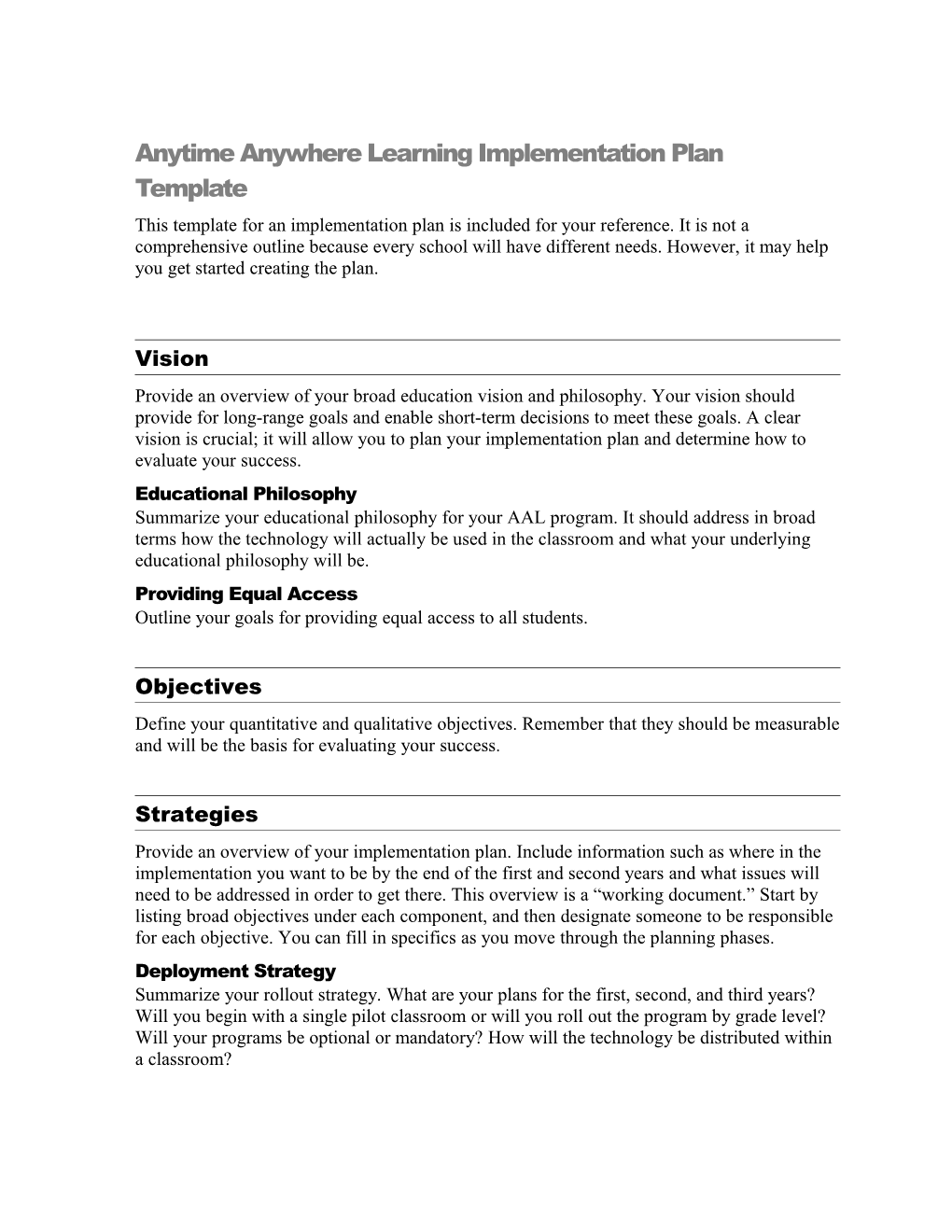 Anytime Anywhere Learning Implementation Plan Template