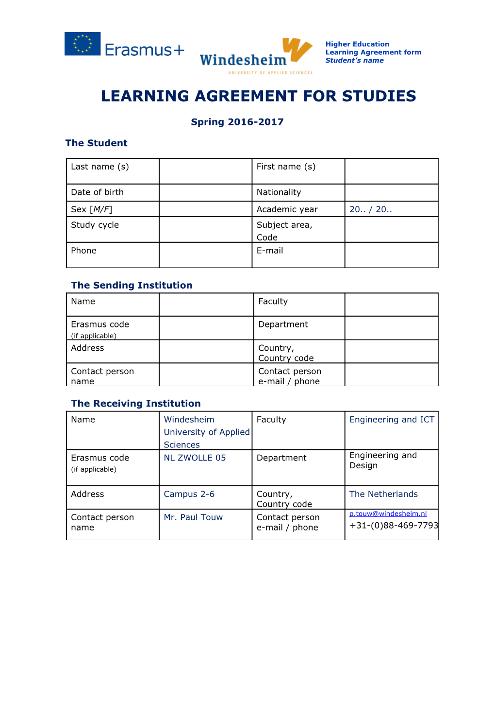 LEARNING AGREEMENT for STUDIES Spring 2016-2017