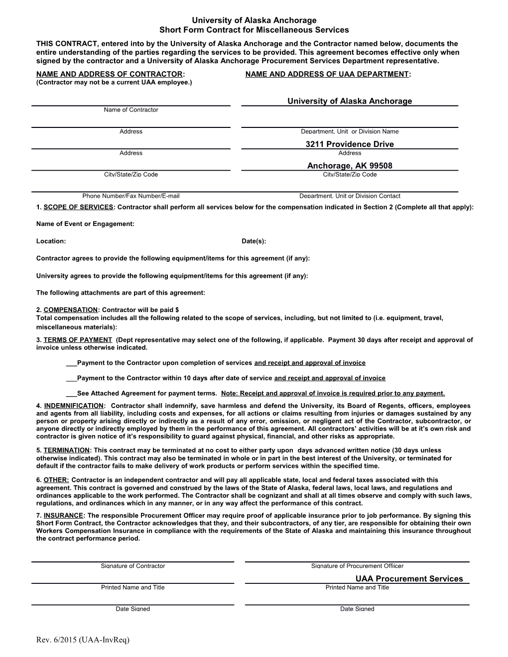 Short Form Contract for Miscellaneous Services