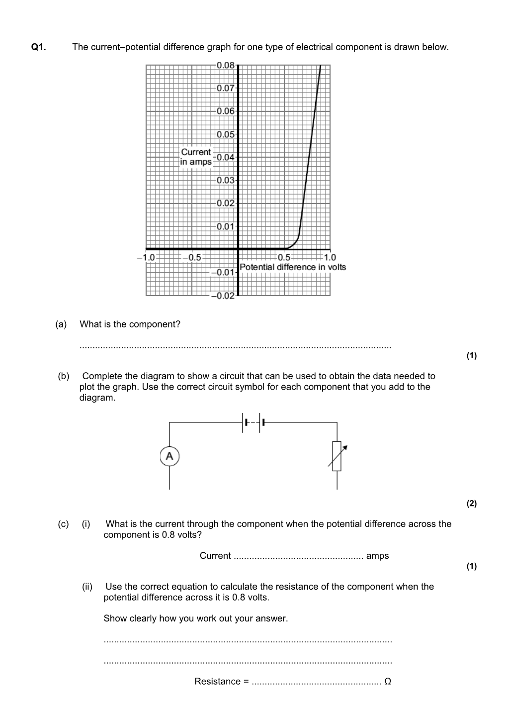 Q1. the Current Potential Difference Graph for One Type of Electrical Component Is Drawn Below