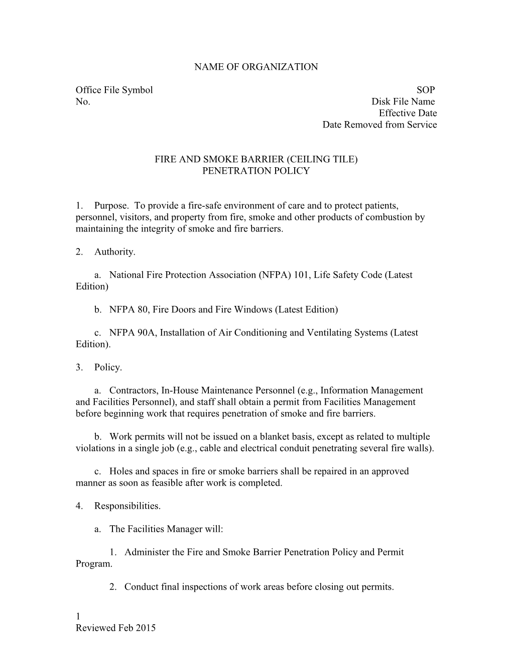 Medical Safety Template - Fire and Smoke Barrier Penetration Policy