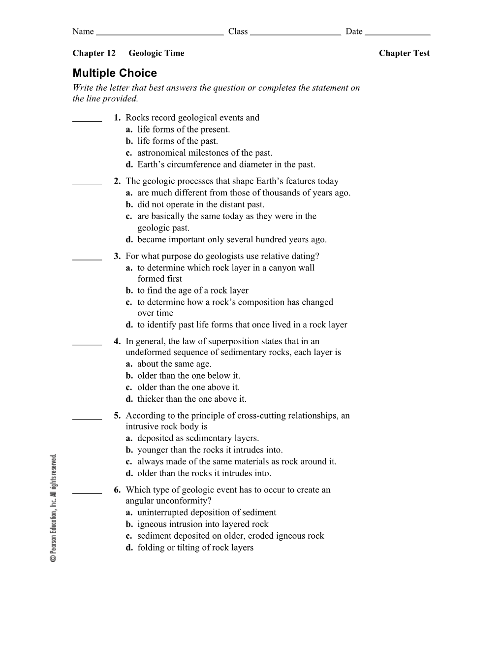 Chapter 12 Geologic Time Chapter Test