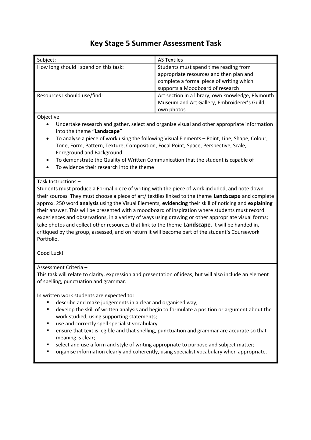 Key Stage 5 Summer Assessment Task