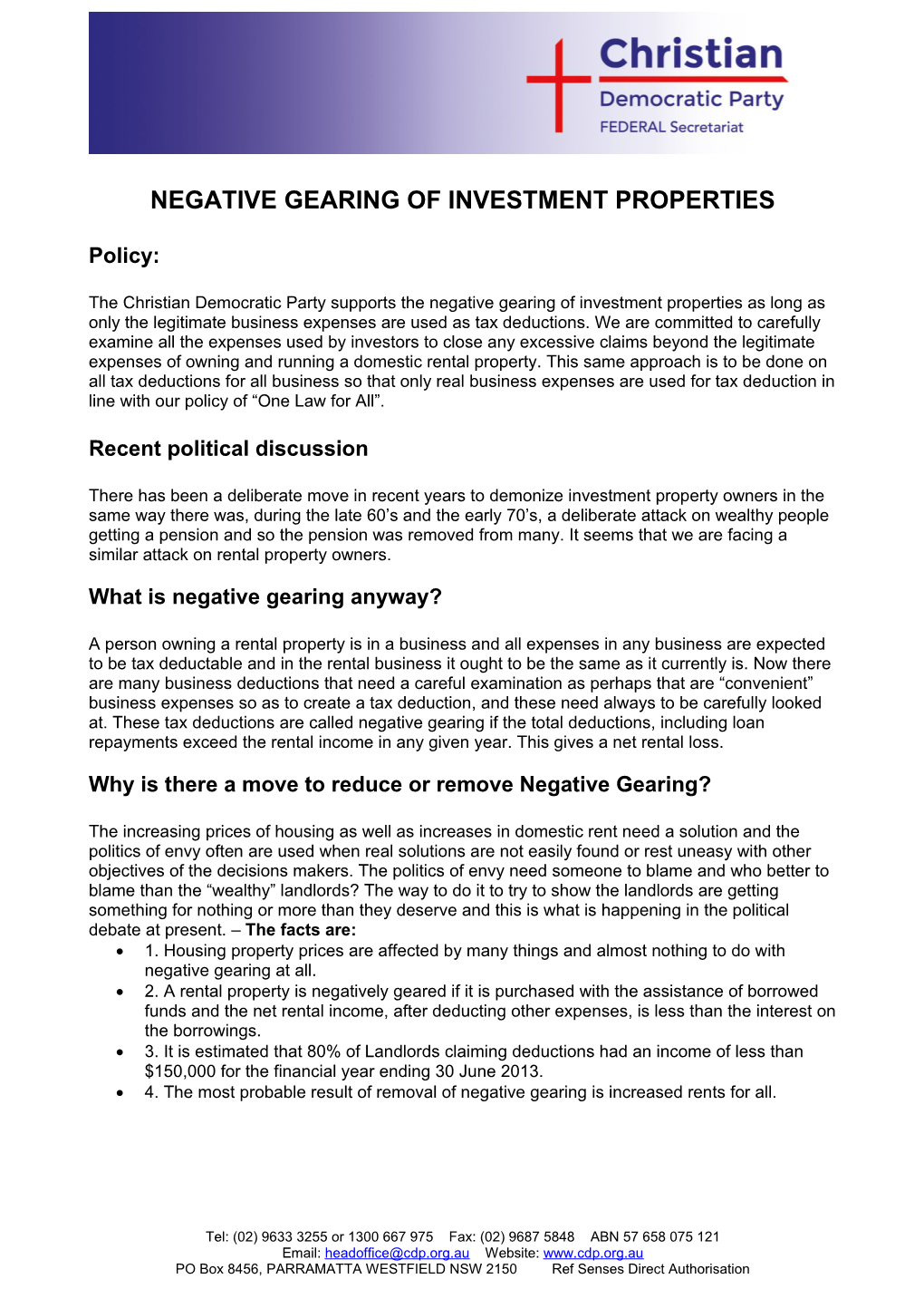 Negative Gearing of Investment Properties