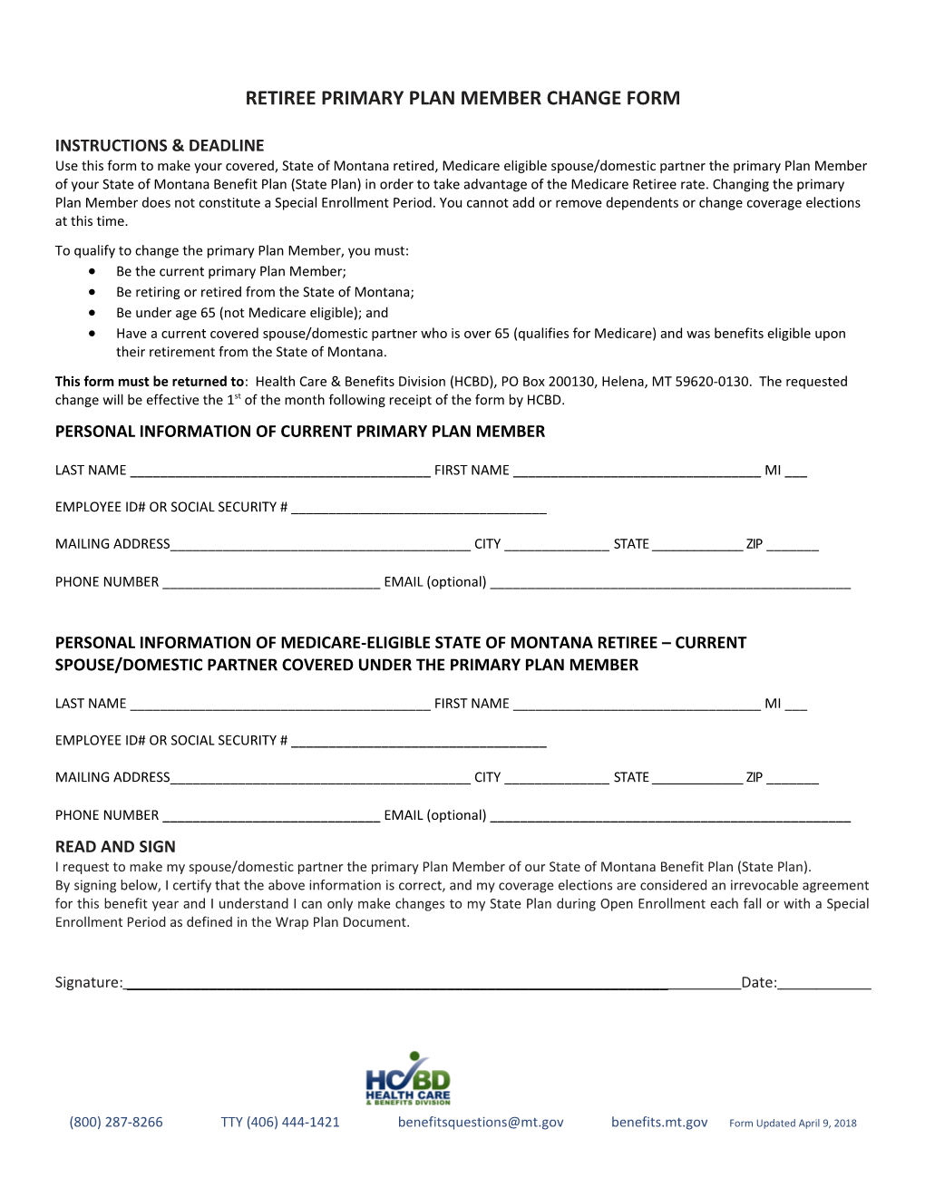 Retiree Primary Plan Member Change Form