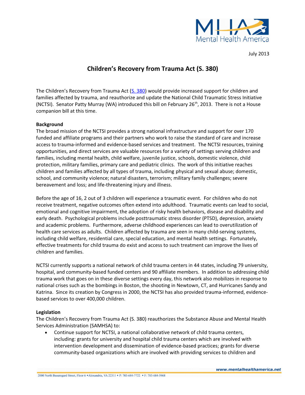 Children S Recovery from Trauma Act (S. 380)