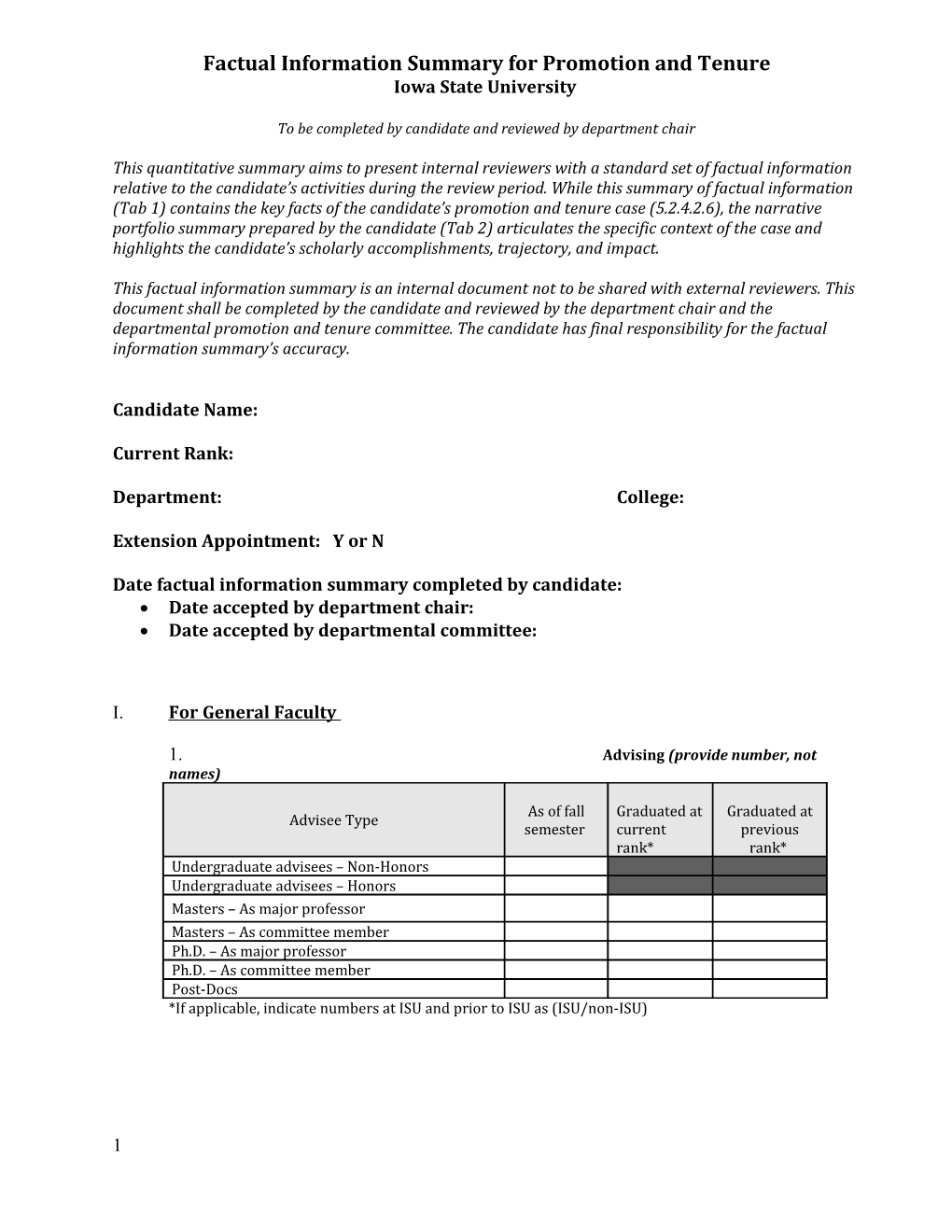 Factual Information Summary for Promotion and Tenure