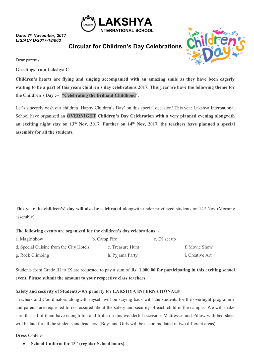 Circular for Children S Day Celebrations