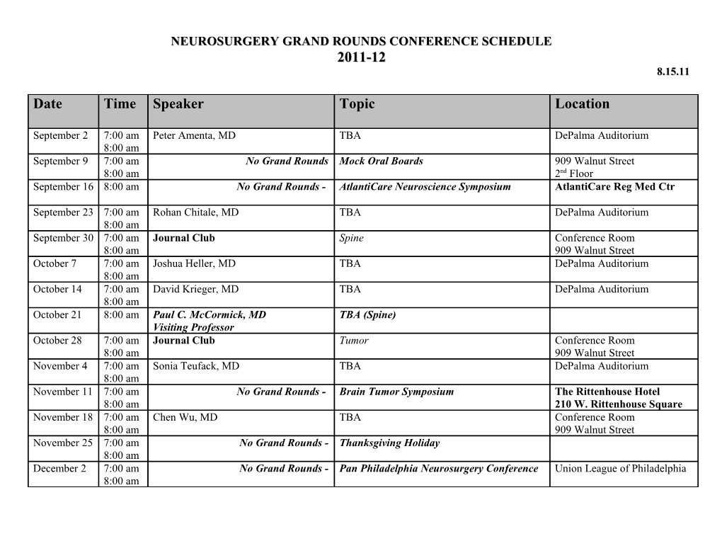 Neurosurgery Grand Rounds Conference Schedule