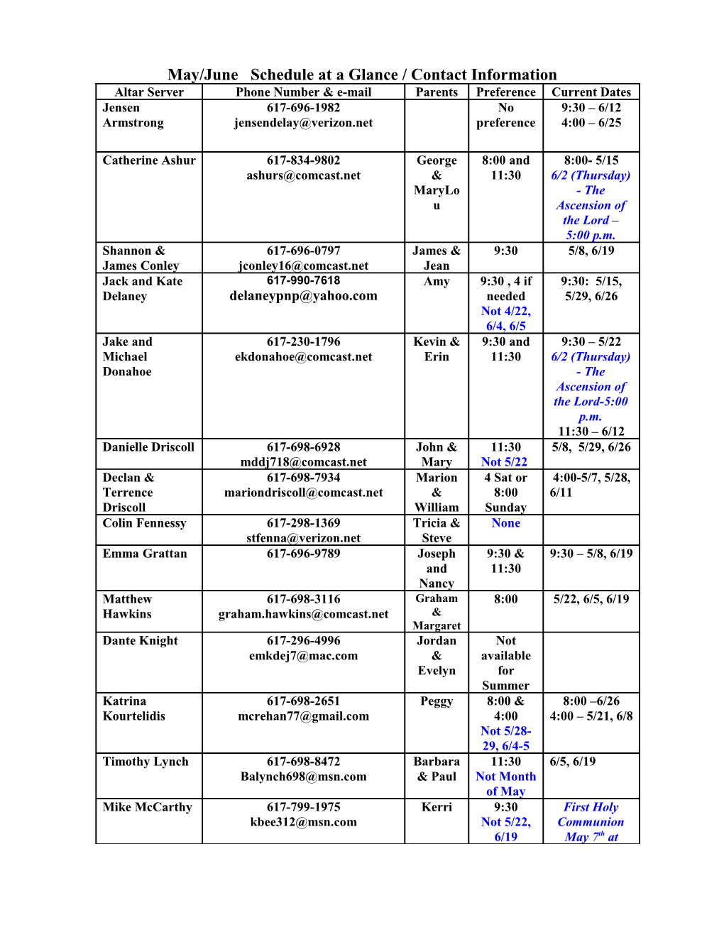 May/June Schedule at a Glance / Contact Information