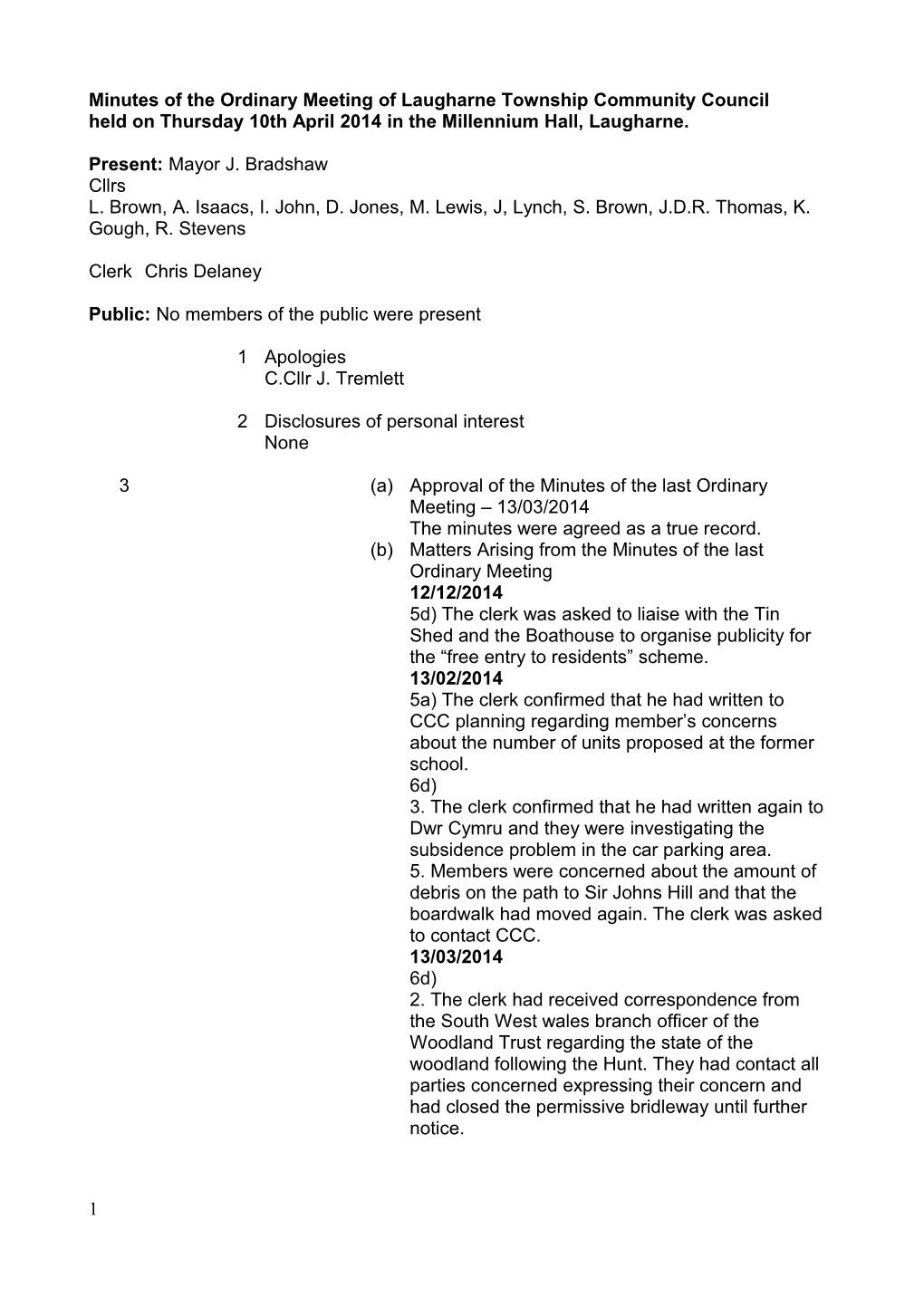 Minutes of the Ordinary Meeting of Laugharne Township Community Council