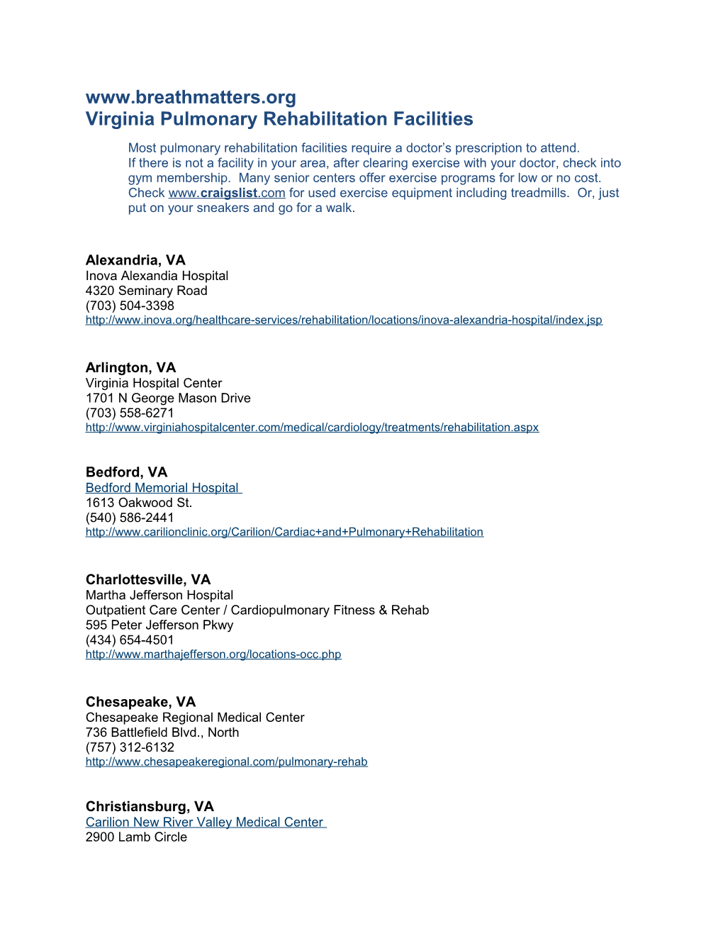 Virginia Pulmonary Rehabilitation Facilities