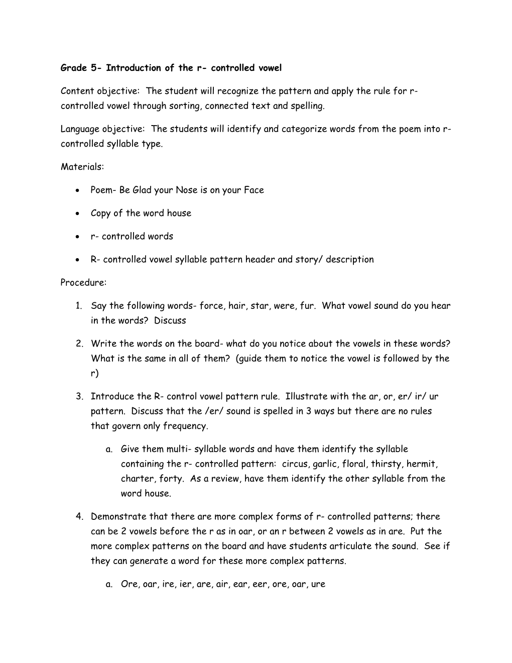 Grade 5- Introduction of the R- Controlled Vowel