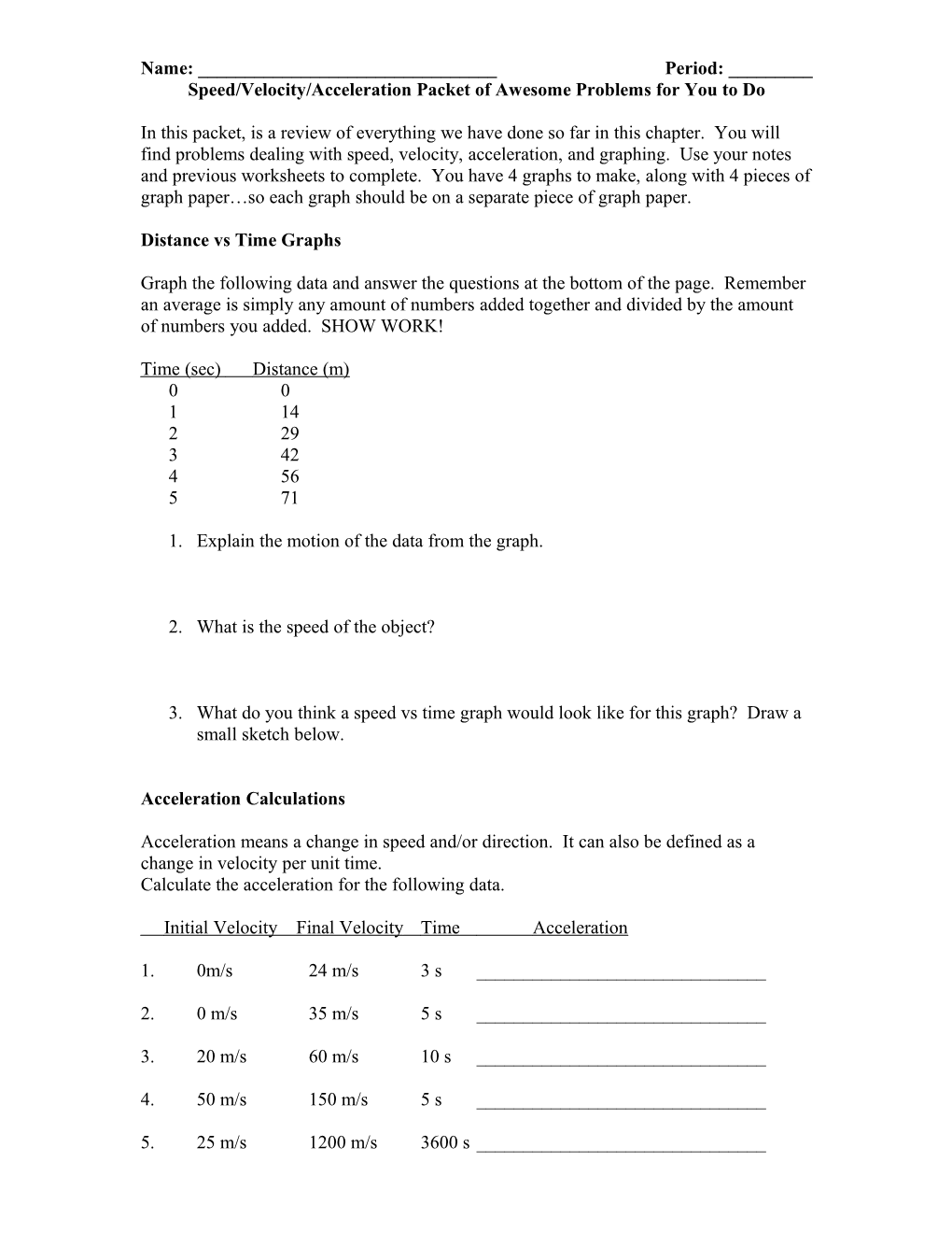 Velocity/Acceleration Worksheets