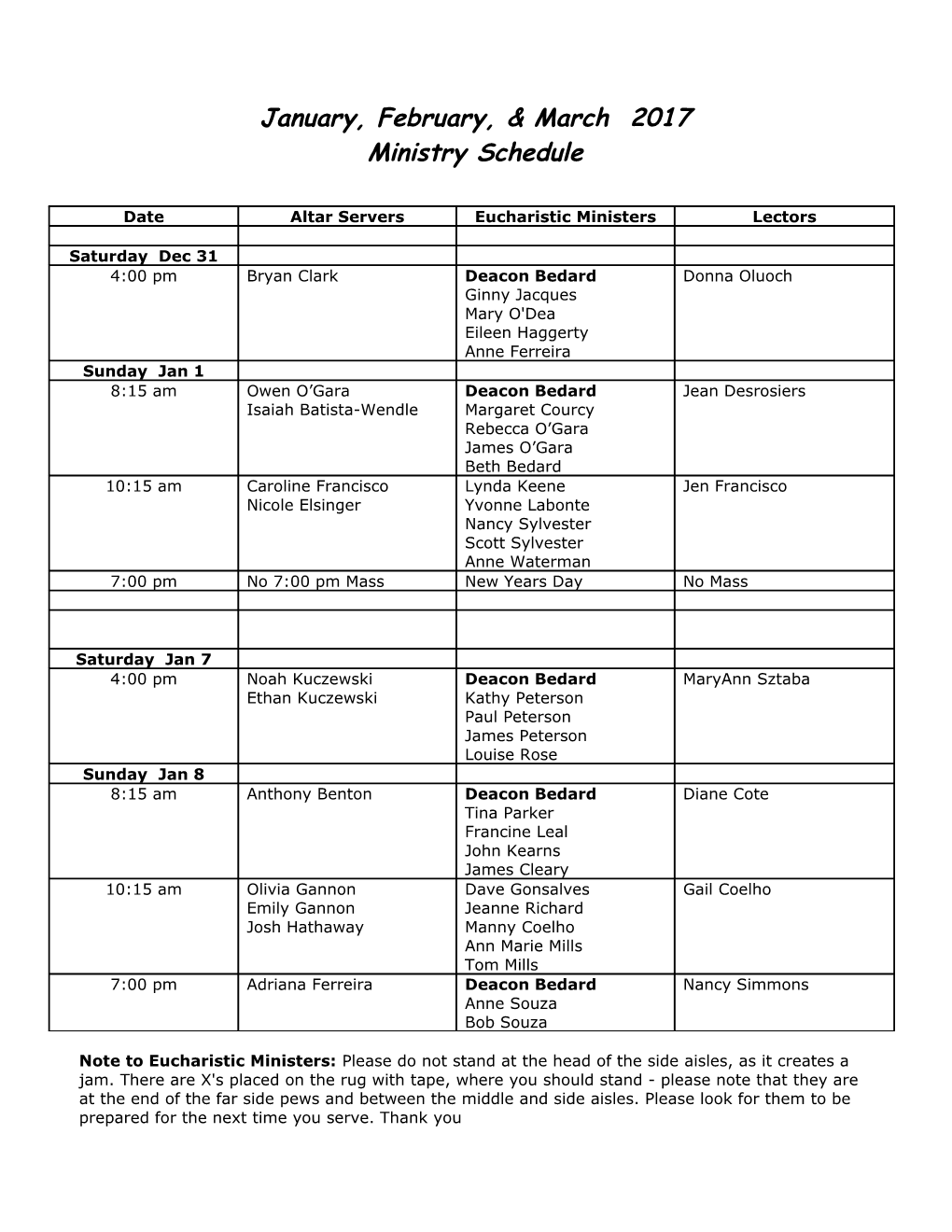 Ministry Schedule