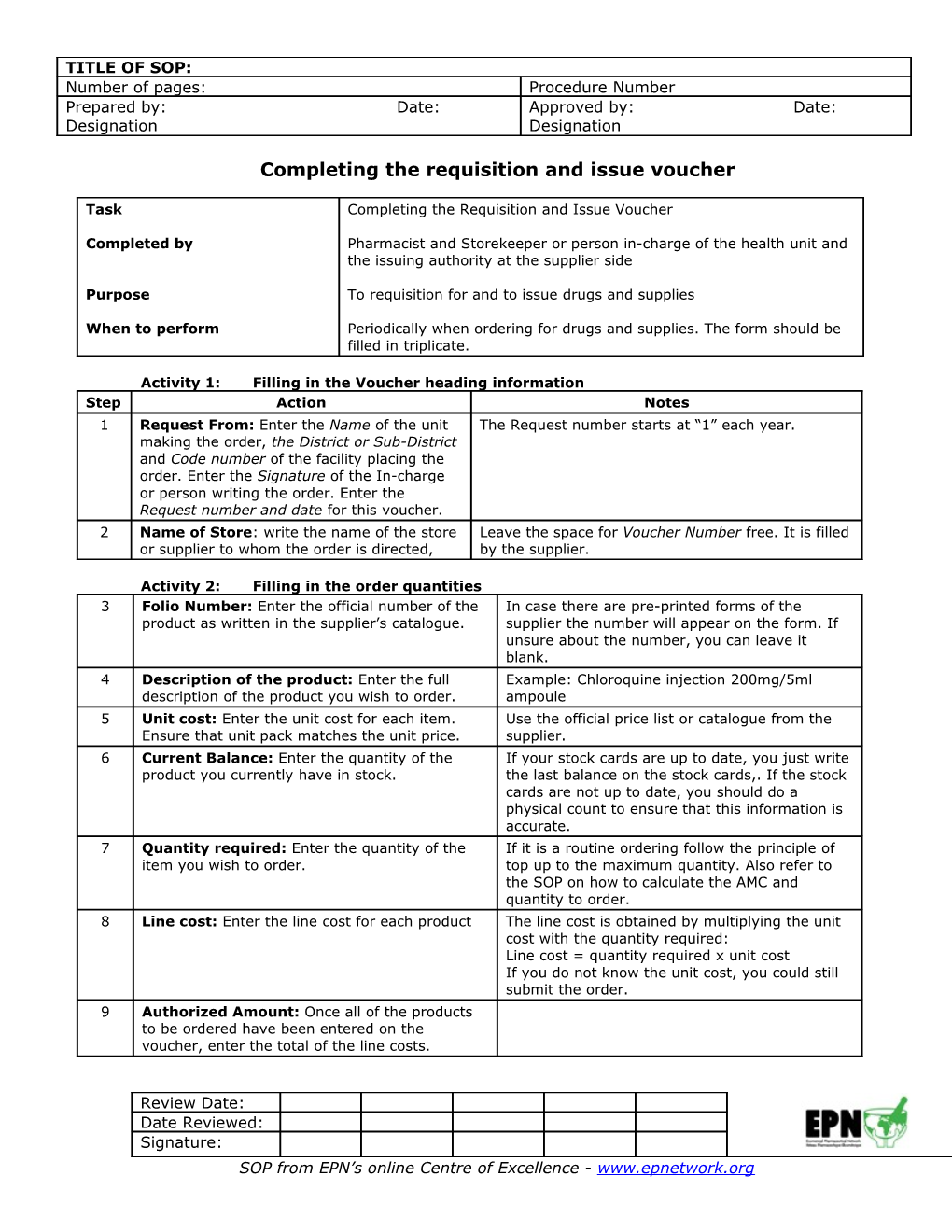 Standard Operating Procedure for Completing the Requisition and Issue Voucher