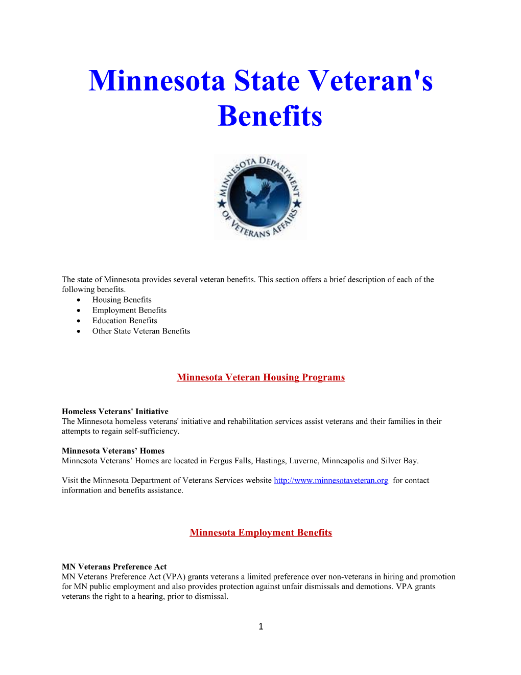 Minnesota State Veteran's Benefits