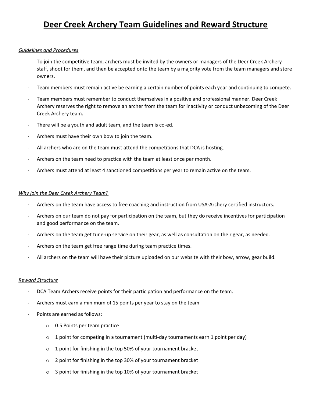 Deer Creek Archery Team Guidelines and Reward Structure