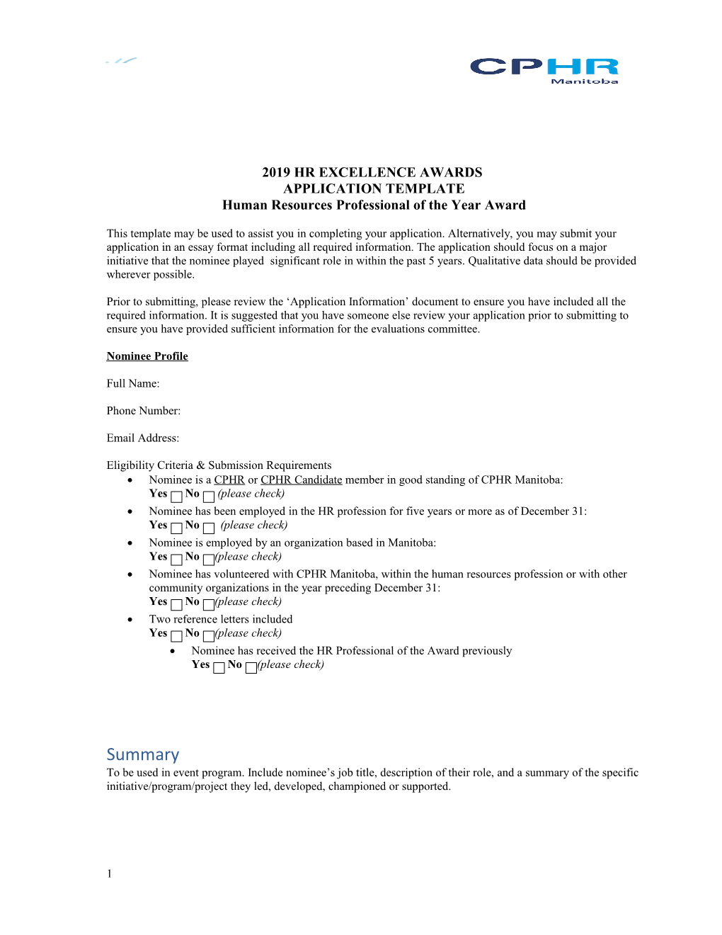 2019HR EXCELLENCE AWARDS APPLICATION TEMPLATE Human Resources Professional of the Year Award