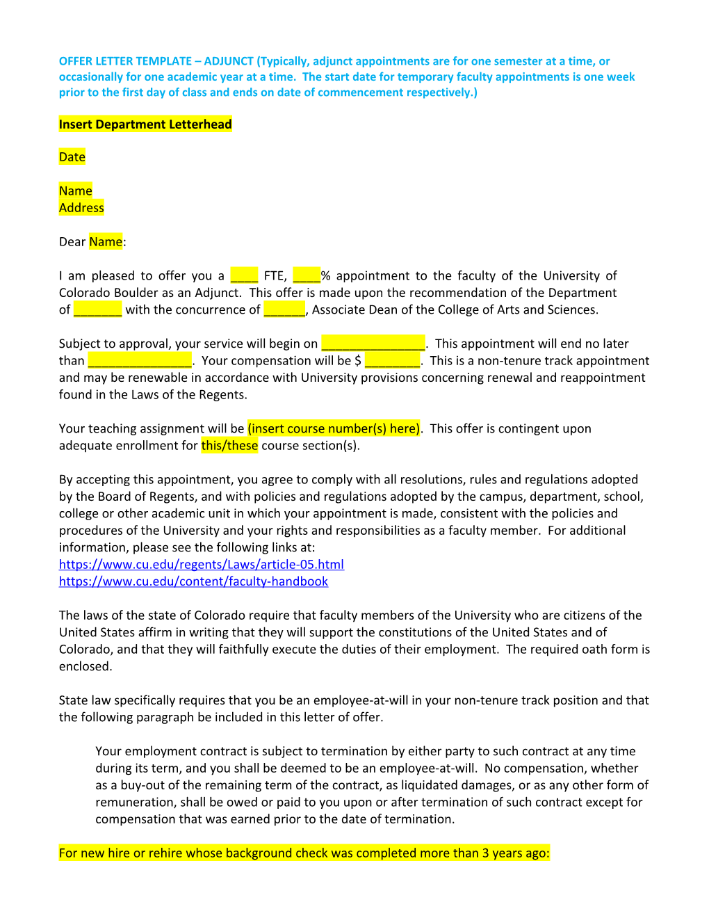 OFFER LETTER TEMPLATE ADJUNCT (Typically, Adjunct Appointments Are for One Semester At
