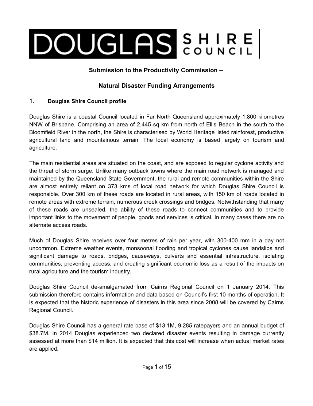 Submission DR189 - Douglas Shire Council - Natural Disaster Funding - Public Inquiry