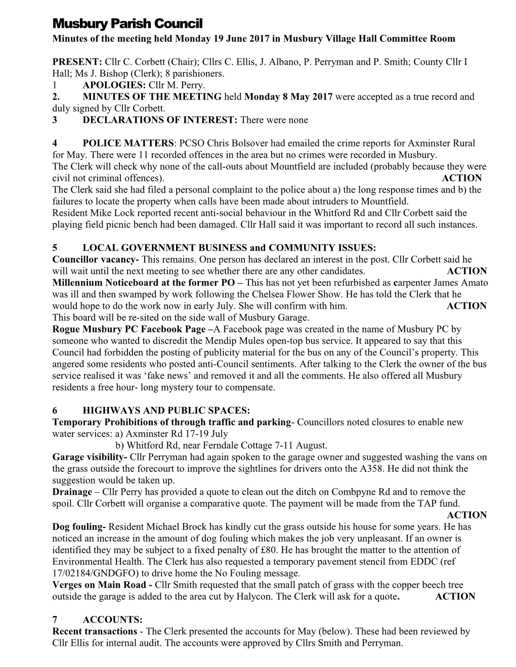 Minutes of the Meeting Held Monday 19 June 2017 in Musbury Village Hall Committee Room