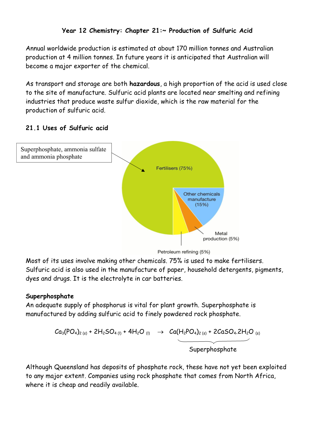 Year 12 Chemistry: Chapter 13: Sulfuric Acid