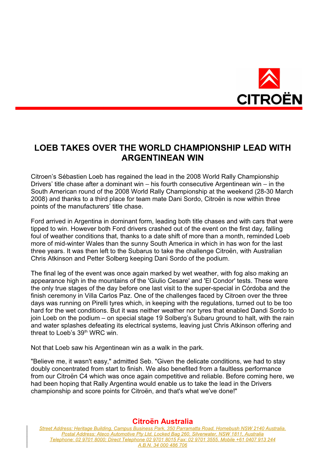 Loeb Takes Over the World Championship Lead with Argentinean Win