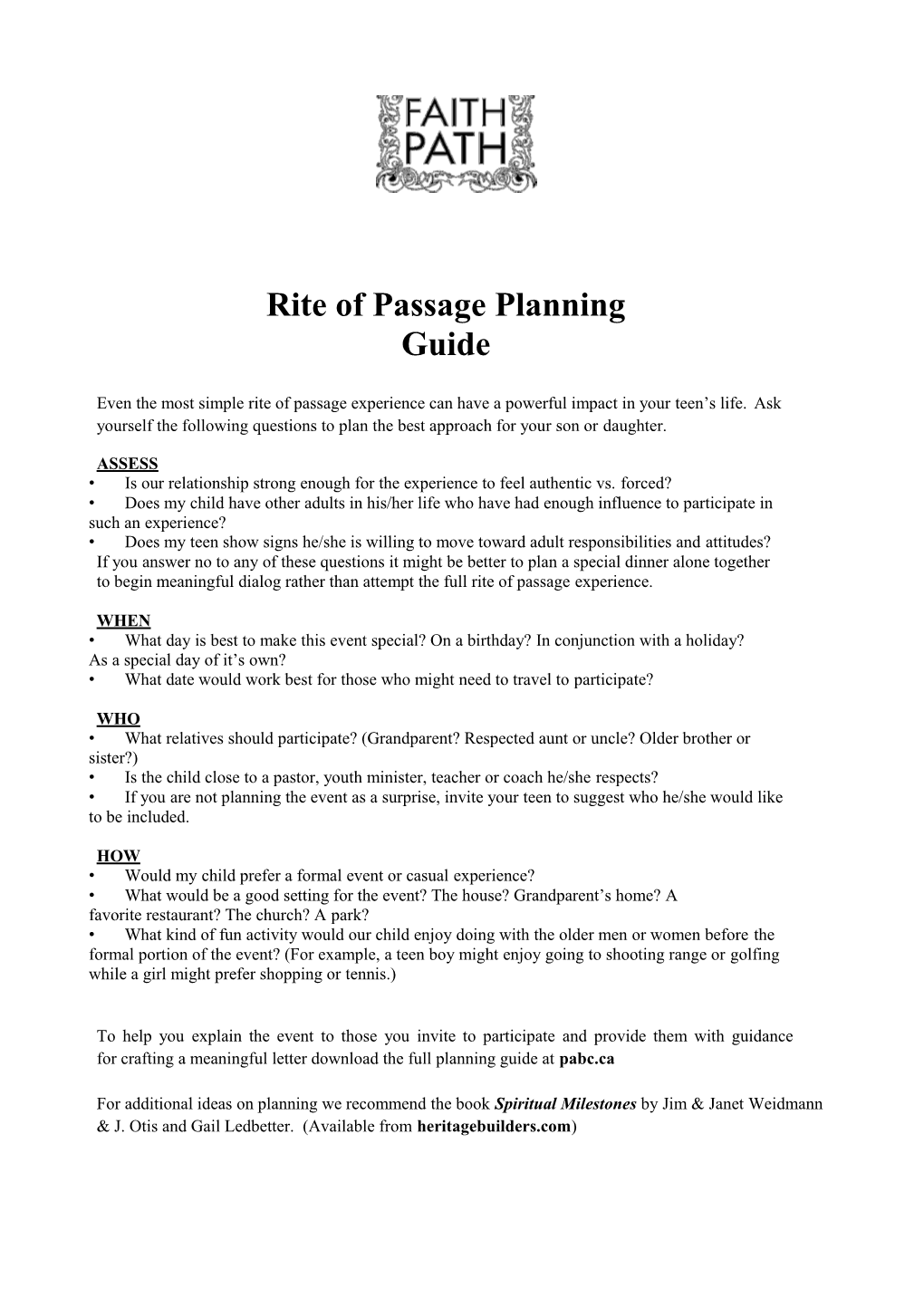 FP Rite of Passage Guide and Sample Letters
