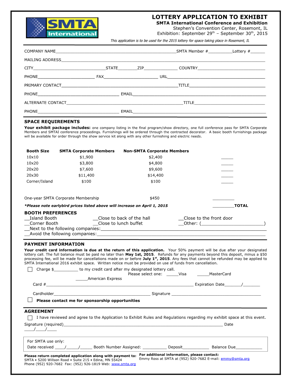 This Application Is to Be Used for the 2015 Lottery for Space Taking Place in Rosemont, IL