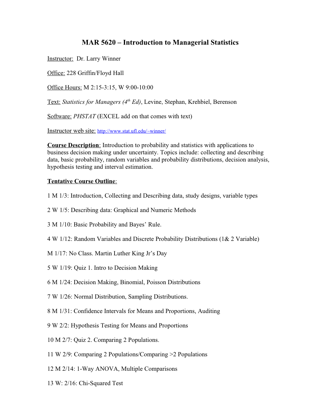 MAR 5621 Advanced Statistical Methods