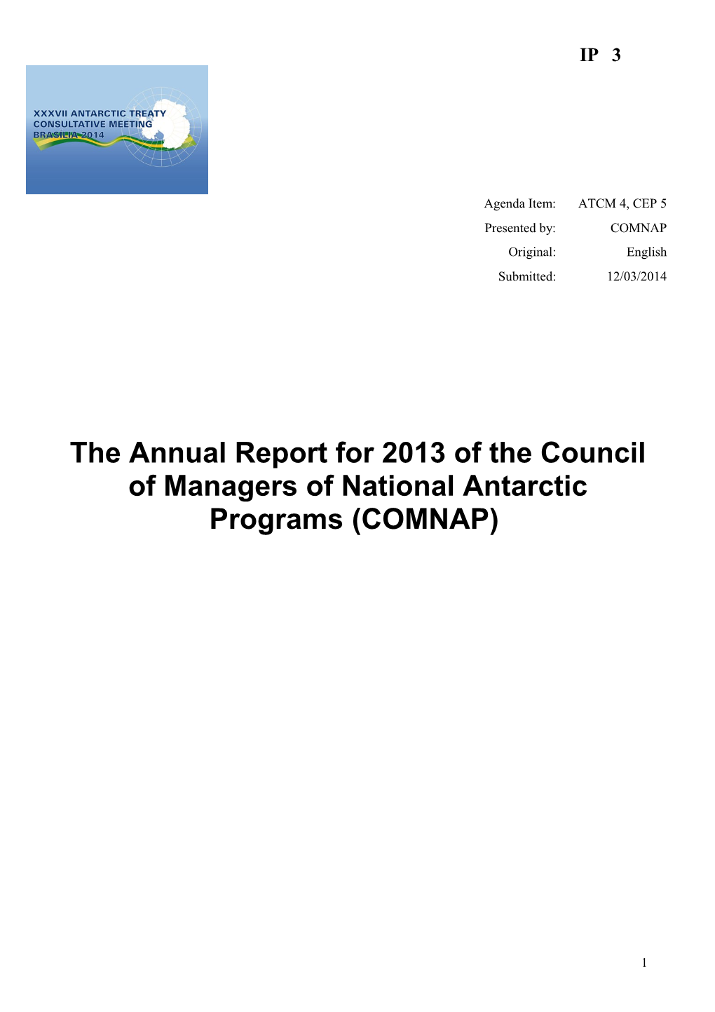 The Annual Report for 2013 of the Council of Managers of National Antarctic Programs (COMNAP)