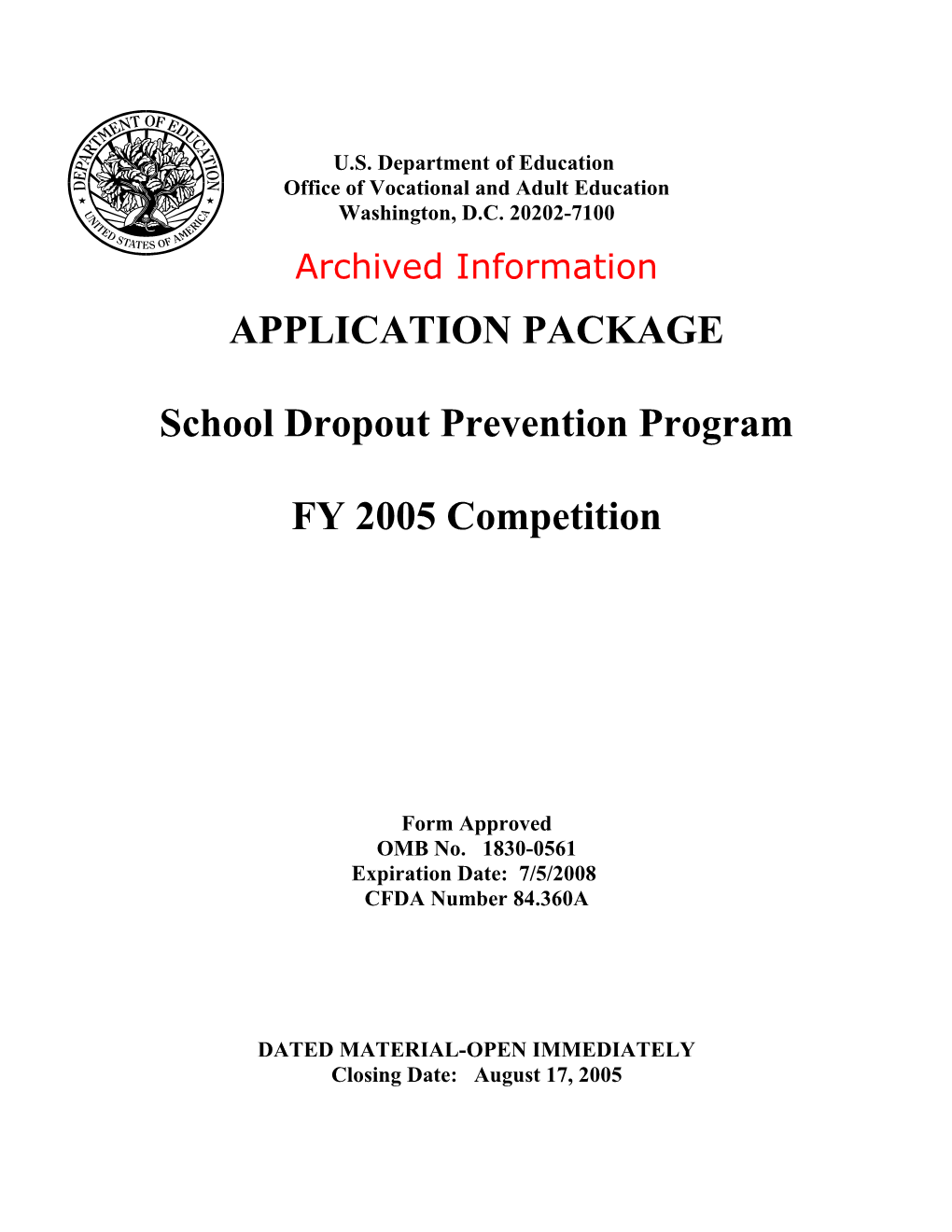 Archived: FY05 Application for the School Dropout Prevention Program (MS Word)