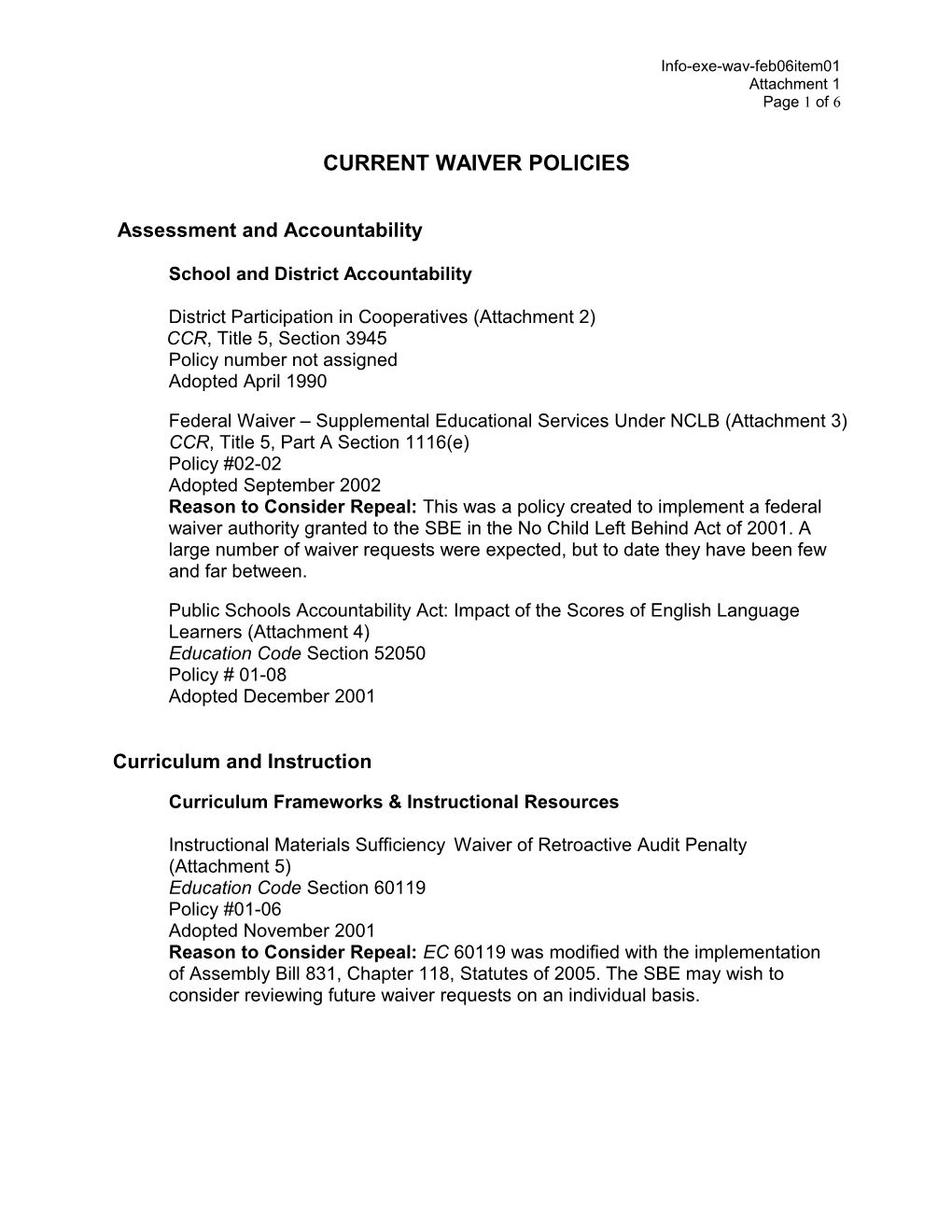 February 2006 WAV Item 1 Attachment 1 - Information Memorandum (CA State Board of Education)