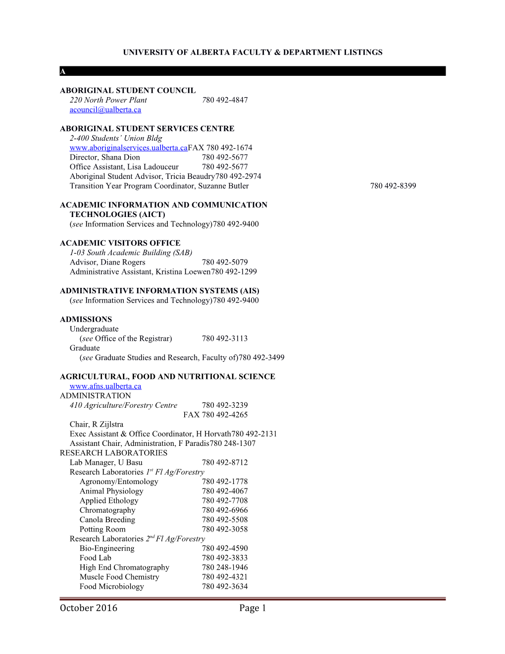 University of Alberta Faculty & Department Listings