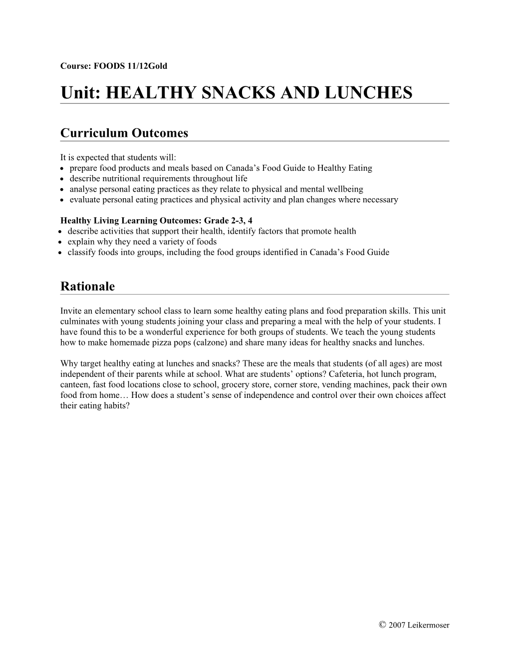 Unit: HEALTHY SNACKS and LUNCHES