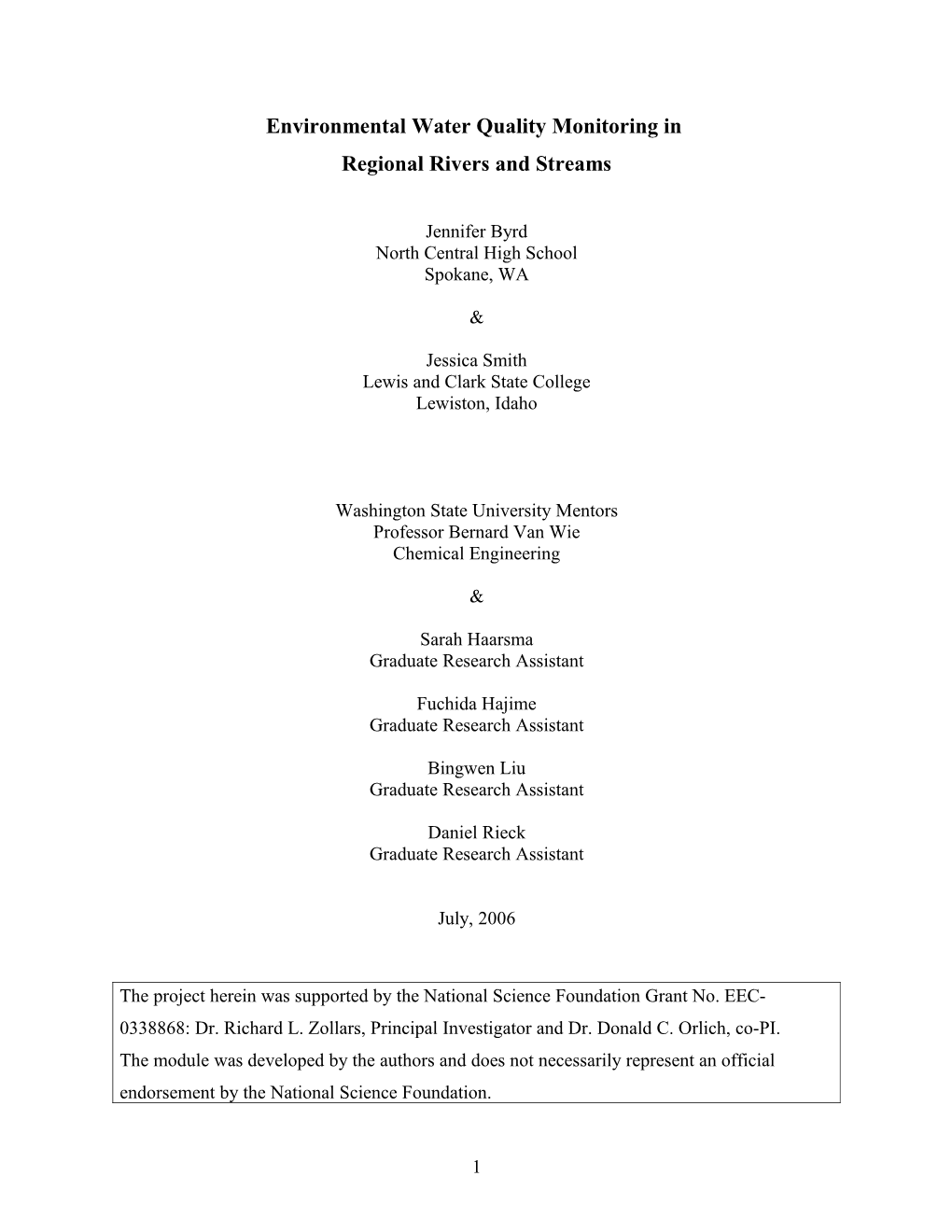 Environmental Water Quality Monitoring in Regional Rivers and Streams