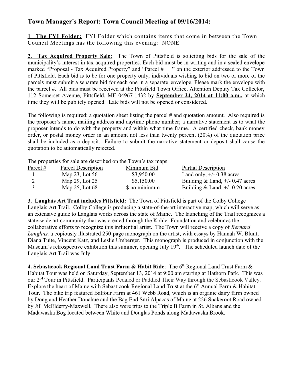 Town Manager's Report: Town Council Meeting of 10/04/2011