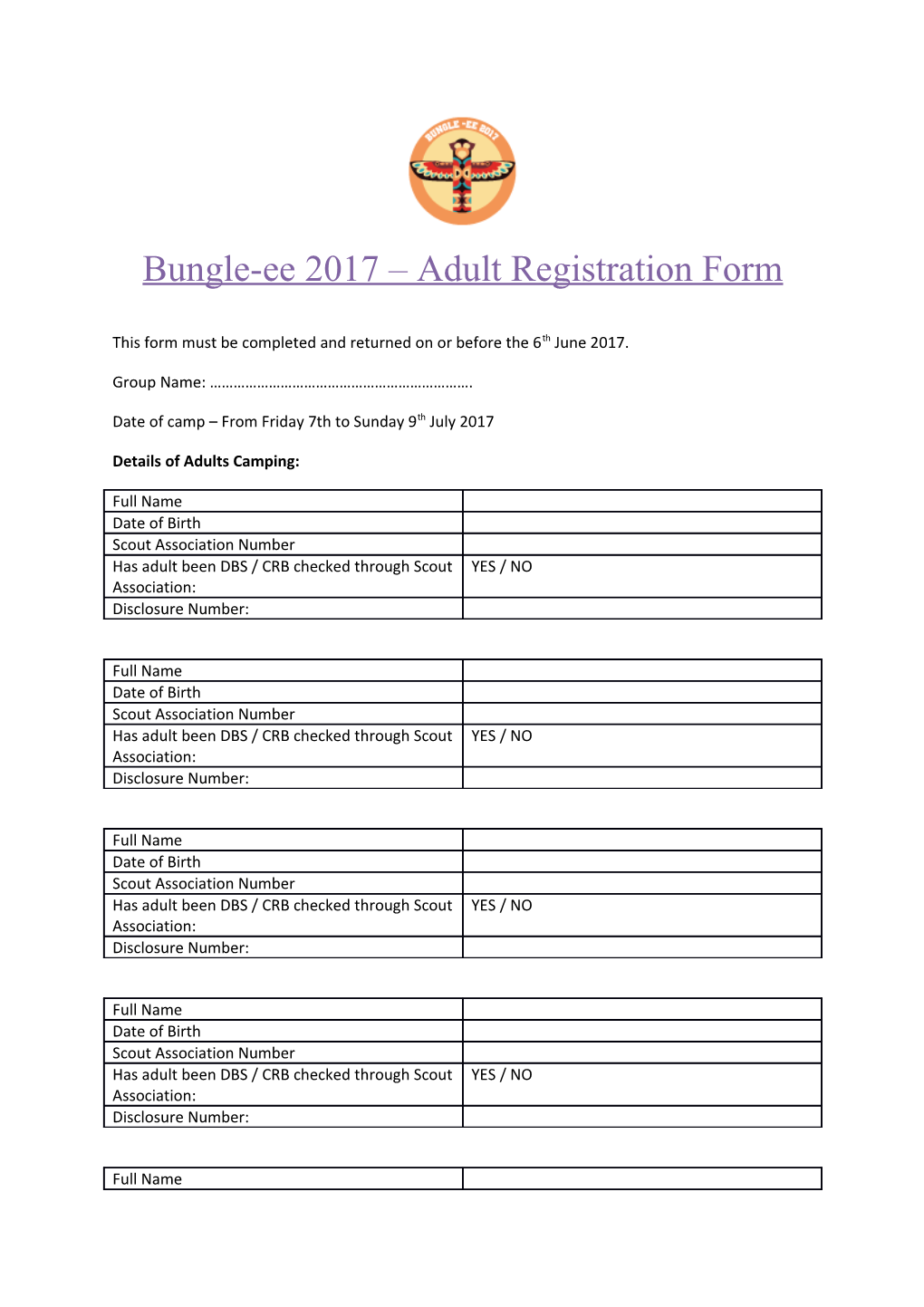 Bungle-Ee 2017 Adult Registration Form