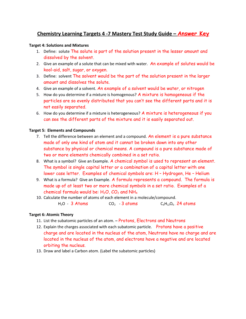 Chemistry Learning Targets 4 -7 Mastery Test Study Guide Answer Key