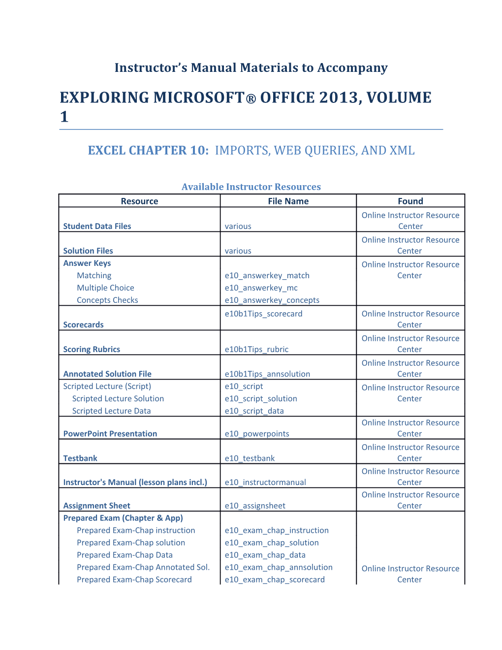 Excel Chapter 10: Imports, Web Queries, and Xml