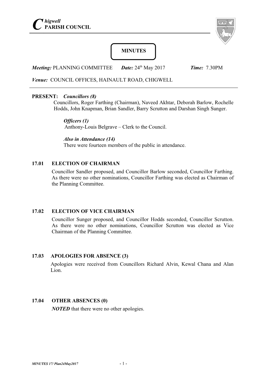 Minutes of a Special Meeting of the Chigwell Parish Council