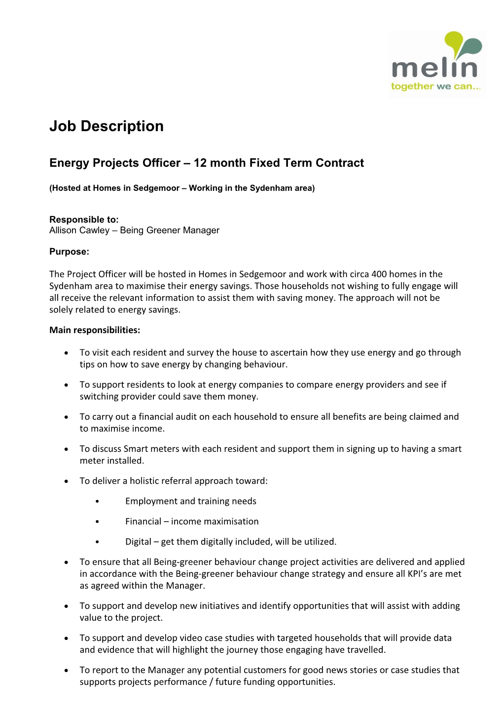 Energy Projects Officer 12 Month Fixed Term Contract