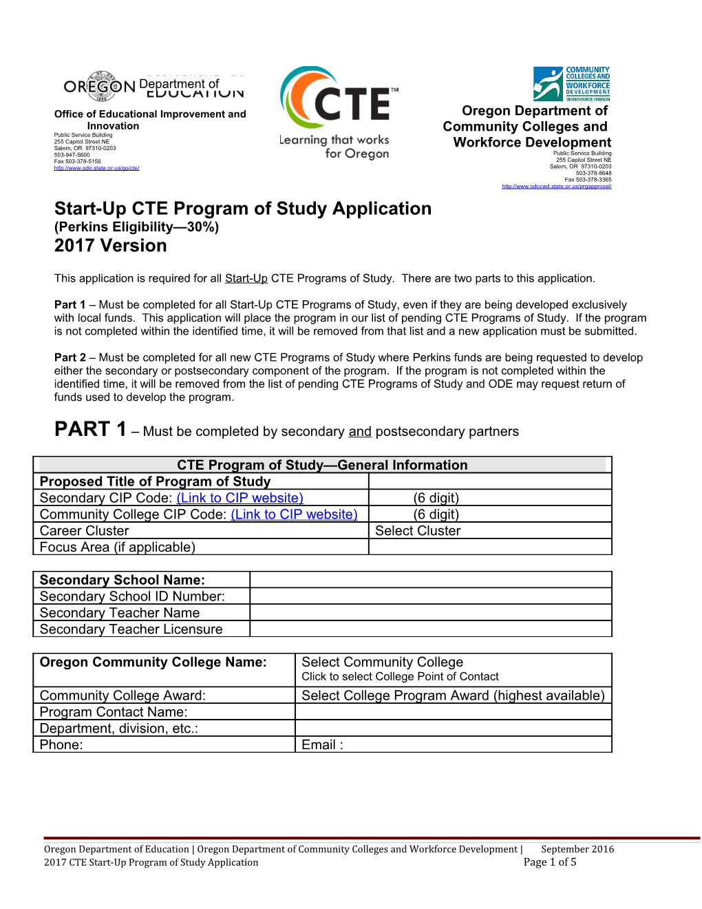 Application for New CTE Program of Study