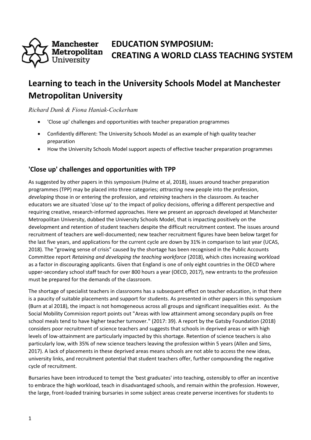 Learning to Teach in the University Schools Model at Manchester Metropolitan University