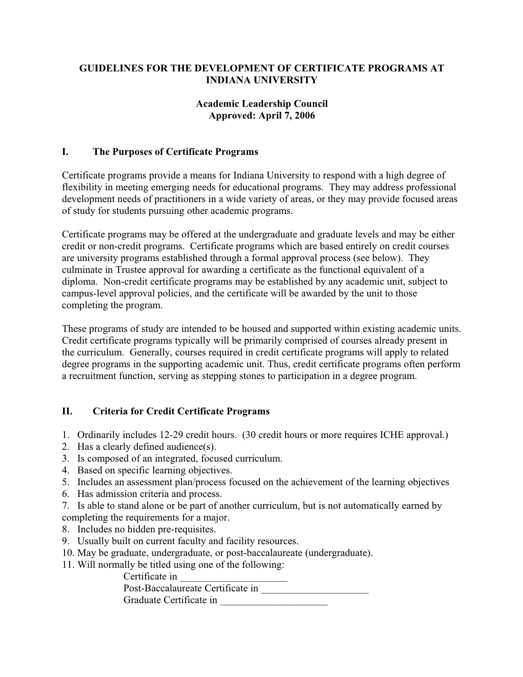 Guidelines for the Development of Certificate Programs at Indiana University
