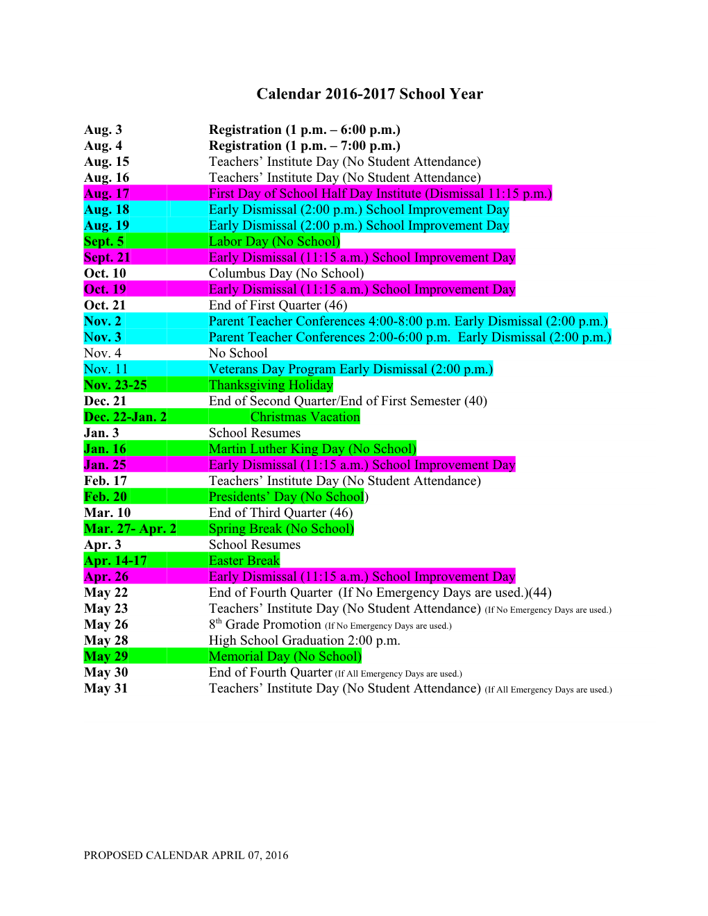 Calendar 2001-2001 School Year