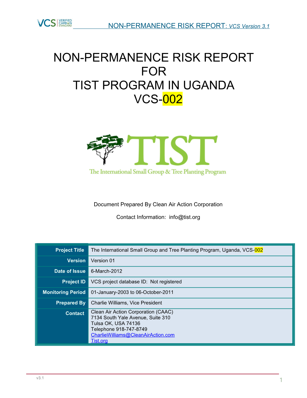 VCS Non-Permanence Risk Report Template