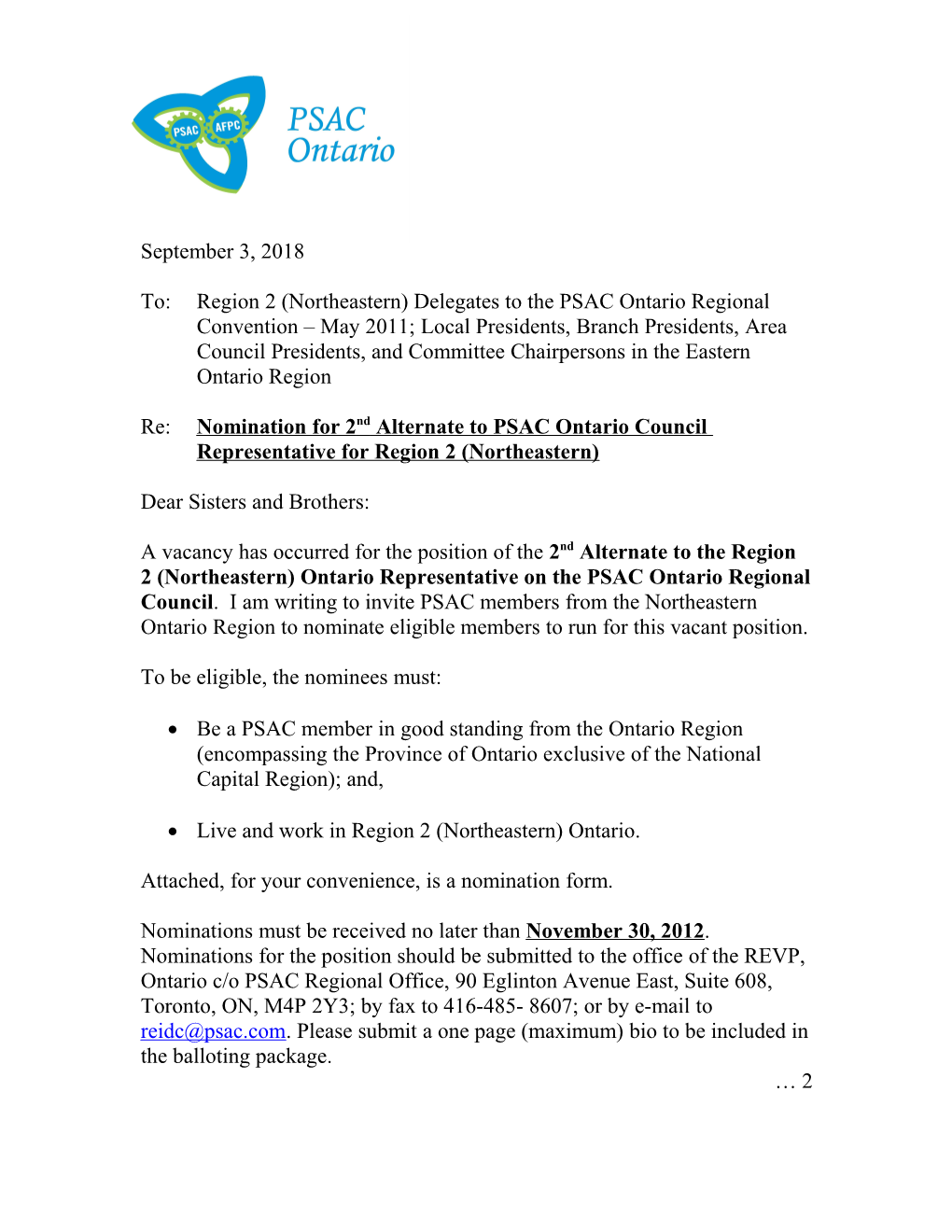 Re: Nomination for 2Ndalternate to PSAC Ontario Council Representative for Region 2